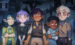 Rule 34 | 2boys, 3girls, amity blight, black hair, blonde hair, blood, brown hair, collared jacket, crossed arms, dark-skinned female, dark-skinned male, dark skin, facial scar, false smile, glasses, gloves, gus porter, hand on another&#039;s shoulder, highres, hunter (the owl house), jacket, jewelry, luz noceda, multiple boys, multiple girls, necklace, notched ear, pointy ears, purple hair, rain, red eyes, scar, scar on cheek, scar on face, short hair, smile, spoilers, syashko, tears, the owl house, torn clothes, willow park, yellow eyes
