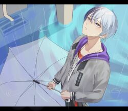 Rule 34 | 1boy, aoyagi touya, blue hair, commentary, cowboy shot, dark blue hair, drain (object), grey eyes, hair between eyes, highres, holding, holding umbrella, jacket, jewelry, long sleeves, looking up, male focus, mole, mole under eye, multicolored hair, necklace, open clothes, open jacket, parted lips, project sekai, rain, short hair, solo, split-color hair, two-tone hair, umbrella, yk62
