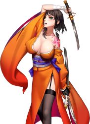 Rule 34 | 1girl, arm up, as109, black hair, black thighhighs, braid, breasts, game cg, garter straps, japanese clothes, katana, kimono, large breasts, m.a.d mafia is all dead, nipples, orange kimono, short hair, sword, tagme, tattoo, thighhighs, transparent background, weapon