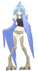 Rule 34 | 10s, 1girl, ahoge, armpits, blue hair, blue wings, blush, breasts, cloud, cover image, closed eyes, feathered wings, feathers, grin, happy, harpy, legs, monster girl, monster musume no iru nichijou, official art, okayado, papi (monster musume), short shorts, shorts, small breasts, smile, solo, talons, tank top, teeth, wings
