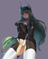 Rule 34 | 1girl, arm behind back, blush, bodysuit, borrowed character, breasts, cameltoe, cleft of venus, covered navel, crop top, crotch cutout, eu03, green hair, grey background, hair between eyes, headgear, highres, large breasts, light smile, long hair, menou kaname (taishi), no bra, original, red eyes, skin tight, solo, thighhighs, thighs, very long hair, white thighhighs