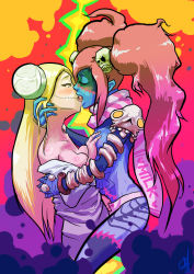 Rule 34 | 2girls, blonde hair, blue skin, blush, bolt (hardware), breast press, breasts, closed eyes, code of princess, colored skin, crossover, fingering, franken fran, french kiss, grabbing, grabbing another&#039;s breast, hair ornament, hand in panties, highres, kiss, lab coat, lady zozo, madaraki fran, multiple girls, off shoulder, panties, pink hair, saliva, scarf, skull hair ornament, stitches, striped clothes, striped scarf, tattoo, triple-q, twintails, underwear, yellow eyes, yuri, zombie