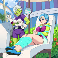 Rule 34 | 2girls, absurdres, bdsm, black bra, blue eyes, blue hair, blush, bondage, bound, bound arms, bound legs, bound wrists, bra, breasts, bulma, cheelai, cleavage, colored skin, dragon ball, dragon ball super, dragon ball super broly, green skin, grey hair, hand on own hip, highres, jacket, jewelry, large breasts, legs, lost one zero, matching hair/eyes, mature female, medium breasts, multiple girls, necklace, one eye closed, open clothes, open jacket, purple eyes, shorts, sweat, thighs, underwear, white shorts, wink