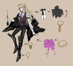 Rule 34 | 1boy, black footwear, black pants, blue eyes, boots, character sheet, fate/grand order, fate (series), green eyes, jewelry, long hair, long sleeves, looking at viewer, male focus, necklace, official art, pants, pfalz, ponytail, smile, thigh boots, wolfgang amadeus mozart (fate)