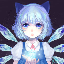 Rule 34 | 1girl, absurdres, artist name, bat (concon911), black background, blue eyes, blue hair, bow, cirno, dated, dress, faux traditional media, glowing, hair bow, heart, highres, light particles, looking at viewer, matching hair/eyes, open hand, open mouth, puffy short sleeves, puffy sleeves, ribbon, short hair, short sleeves, snowflakes, solo, symbol-shaped pupils, touhou, upper body, wings