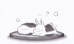 Rule 34 | :3, ?, animal, animal focus, rabbit, closed mouth, commentary request, food, hiraoka senitsu, lying, monochrome, no humans, on stomach, original, plate, seaweed, shadow, simple background, white background