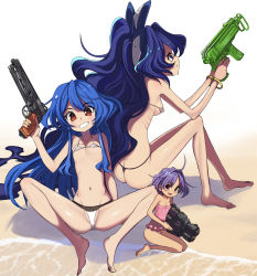 Rule 34 | 3girls, :d, ahoge, ass, bangle, bare arms, bare legs, bare shoulders, barefoot, beach, bikini, bikini top only, blue bow, blue hair, blush, bow, bracelet, breasts, brown eyes, butt crack, commentary request, debt, dimples of venus, gradient background, grey bikini, grin, gun, hair bow, hair intakes, halterneck, hand up, handgun, highres, hinanawi tenshi, holding, holding gun, holding weapon, jewelry, knees up, long hair, looking at viewer, medium breasts, micro bikini, mini person, minigirl, mismatched bikini, multiple girls, navel, no headwear, one-piece swimsuit, open mouth, pink one-piece swimsuit, pistol, profile, purple hair, red eyes, seiza, shadow, short hair, sitting, small breasts, smile, spread legs, stomach, strapless, strapless bikini, sukuna shinmyoumaru, swimsuit, syope, thighs, thong bikini, touhou, very long hair, water, weapon, white background, yorigami shion