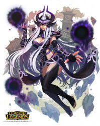 Rule 34 | 1girl, armor, bad cghub id, bad id, barefoot, black thighhighs, breasts, cleavage, ear protection, energy ball, fingerless gloves, forehead jewel, forehead protector, full body, gloves, helmet, large breasts, league of legends, lips, long hair, nail polish, nose, orb, pauldrons, purple eyes, shoulder armor, silver hair, smile, solo, syndra, taemin park, thighhighs, toeless legwear, toes, vambraces, very long hair