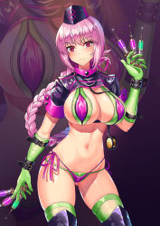 Rule 34 | 1girl, between fingers, bikini, black footwear, blush, boots, braid, breasts, closed mouth, cowboy shot, fate/grand order, fate (series), florence nightingale (fate), florence nightingale (trick or treatment) (fate), gloves, green bikini, green gloves, hand up, hat, highres, holding, large breasts, legs apart, long hair, looking at viewer, navel, nurse cap, official alternate costume, purple bikini, purple eyes, purple hair, short sleeves, shrug (clothing), side-tie bikini bottom, sidelocks, solo, standing, stethoscope, swimsuit, syringe, tako seijin, thigh boots, thighhighs, thighs, zoom layer