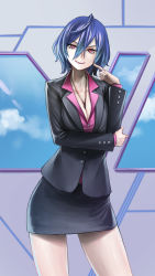Rule 34 | &gt;:), 1girl, alternate hair length, alternate hairstyle, blue hair, breasts, cleavage, collared shirt, commentary, cowboy shot, formal, highres, iris heart, jewelry, jiffic, lipstick, looking at viewer, makeup, neptune (series), office lady, pencil skirt, pendant, pururut, red eyes, shirt, short hair, skirt, skirt suit, solo, suit, symbol-shaped pupils, v-shaped eyebrows