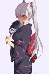 Rule 34 | 10s, 1girl, agu, alternate hairstyle, amatsukaze (kancolle), bad id, bad twitter id, blush, hand fan, hair ornament, highres, japanese clothes, kantai collection, kimono, long hair, looking at viewer, silver hair, simple background, solo, twintails, two side up, very long hair, yellow eyes, yukata