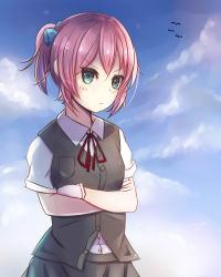 Rule 34 | &gt;:&lt;, 10s, 1girl, :&lt;, aqua eyes, bird, blouse, blue sky, blush, buttons, closed mouth, crossed arms, day, frown, gloves, hair ornament, kantai collection, neck ribbon, personification, pink hair, plan (planhaplalan), pleated skirt, ponytail, red ribbon, ribbon, school uniform, seagull, shiranui (kancolle), shirt, short hair, short sleeves, skirt, sky, solo, v-shaped eyebrows, vest, white gloves, white shirt