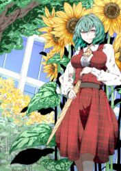 Rule 34 | 1girl, ascot, belt, blush, branch, breasts, brown belt, buttons, center frills, collared shirt, commentary request, flower, frills, garden of the sun, green hair, highres, holding, holding umbrella, kazami yuuka, large breasts, long sleeves, looking at viewer, parasol, plaid, plaid skirt, plaid vest, potato pot, red eyes, red skirt, red vest, shirt, short hair, skirt, smile, solo, standing, sunflower, touhou, tree, umbrella, upper body, vest, white shirt, wing collar, wrist cuffs, yellow ascot