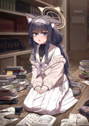 Rule 34 | absurdres, animal ear fluff, animal ears, blue archive, book, cat ears, delete (xxag4475), highres, looking at viewer, no shoes, open mouth, school uniform, serafuku, sitting, ui (blue archive)