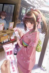 Rule 34 | 1boy, 2girls, :d, blunt bangs, blurry, blurry foreground, blush stickers, brown eyes, brown hair, chinese zodiac, cowboy shot, day, depth of field, flower, hair flower, hair ornament, highres, japanese clothes, kimono, long hair, looking at viewer, looking to the side, macha0331, miko, multiple girls, open mouth, original, outdoors, pink kimono, ponytail, pouch, pov, smile, snow rabbit, solo focus, tassel, year of the rabbit