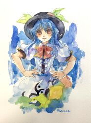Rule 34 | 1girl, absurdres, apron, black hat, blue background, blue hair, bow, bowtie, buttons, center frills, collared shirt, cowboy shot, dated, frills, hair between eyes, hands on own hips, hat, highres, hinanawi tenshi, leaf hat ornament, long hair, looking at viewer, one-hour drawing challenge, open mouth, painting (medium), peach hat ornament, puffy short sleeves, puffy sleeves, red bow, red bowtie, red eyes, shiroma (mamiko), shirt, short sleeves, simple background, solo, touhou, traditional media, v-shaped eyebrows, watercolor (medium), white apron, white background, white shirt