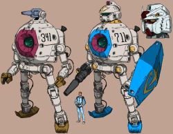 Rule 34 | 1boy, arm cannon, ball (gundam), brown background, brown hair, fusion, gm (mobile suit), gundam, hands on own hips, holding, holding shield, mecha, mobile suit gundam, munya (otikamohe), robot, rx-78-2, science fiction, shield, size comparison, smile, standing, v-fin, visor, weapon, yellow eyes