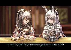 Rule 34 | 2girls, animal ears, arknights, cat ears, chinese commentary, cishi nianshao, cup, drinking glass, english text, frostnova (arknights), highres, indoors, letterboxed, multiple girls, rabbit ears, scar, scar on face, scar on nose, schwarz (arknights), white hair