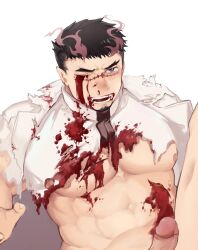 Rule 34 | 1boy, badai, bara, bare pectorals, beard stubble, black hair, black necktie, blood, blood on clothes, blood on face, blood on pectorals, bloody tears, collared shirt, commentary request, facial hair, fingernails, highres, injury, leg up, long sleeves, lying, male focus, muscular, muscular male, necktie, nude, on back, one eye closed, open mouth, outstretched hand, pectorals, penis, pointy ears, purple eyes, shadow, shirt, short hair, smoke, stubble, tearing up, teeth, tokyo houkago summoners, torn clothes, torn shirt, white background, white shirt, yoritomo (housamo)