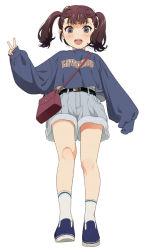 Rule 34 | 1girl, artist name, bag, belt, blush, brown hair, from below, full body, grey eyes, looking at viewer, mattaku mousuke, open mouth, original, shorts, shoulder bag, sleeves past wrists, solo, sweater, teeth, twintails, upper teeth only, v, watermark, white background