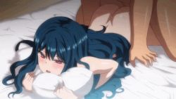 Rule 34 | 1boy, 1girl, aiue oka, animated, animated gif, ass, bed, blue hair, completely nude, half-closed eyes, hugging object, long hair, lying, mind control, nozaki yu, nude, on bed, on stomach, open mouth, pillow, pillow hug, pillow princess, prone bone, red eyes, saimin seishidou, sex, sex from behind, vaginal