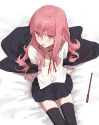 Rule 34 | 1girl, arm support, black skirt, blush, cape, hair between eyes, highres, long hair, looking at viewer, louise francoise le blanc de la valliere, open mouth, pink eyes, pink hair, shirt, sidelocks, sitting, skirt, solo, tesin (7aehyun), thighhighs, thighs, wand, white shirt, zero no tsukaima
