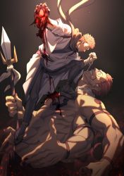 Rule 34 | 2boys, abs, absurdres, bad id, bad twitter id, black nails, blood, blue scarf, brown hair, extra arms, extra eyes, facial tattoo, fighting, fingers together, giant, giant male, guro, hand gesture, heart (organ), highres, itadori yuuji, japanese clothes, jujutsu kaisen, kayoko (panchlora), kimono, lance, long sleeves, male focus, multiple boys, nail polish, pectorals, pink hair, polearm, red eyes, ryoumen sukuna (jujutsu kaisen), scarf, short hair, smile, spiked hair, standing on person, tattoo, topless male, undercut, weapon, white kimono