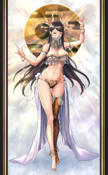 Rule 34 | 1girl, bare shoulders, barefoot, black hair, bracelet, breasts, cleavage, closed mouth, cloud, detached sleeves, dress, forehead, frilled sleeves, frills, full body, gluteal fold, hair behind ear, hair ornament, hand up, highres, jewelry, large breasts, long bangs, long dress, long hair, looking at viewer, mixed-language commentary, mouth veil, navel, odachu, original, revealing clothes, see-through, short sleeves, single bridal legwear, single thighhigh, smile, solo, standing, thigh gap, thighhighs, thighs, v-shaped eyebrows, veil, very long hair, white dress, yellow eyes