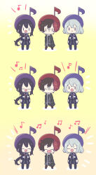 Rule 34 | 3boys, :d, :o, ^ ^, annoyed, arms at sides, black jacket, bob cut, boots, buttons, chibi, closed eyes, double-breasted, facing viewer, fortissimo, frown, gloom (expression), goma sodapop, grey hair, hair ornament, happy, hizen tadahiro, honebami toushirou, jacket, lineup, long hair, long sleeves, looking at viewer, male focus, multicolored hair, multiple boys, music, musical note, musical note hair ornament, namazuo toushirou, open mouth, outline, pants, ponytail, purple jacket, purple pants, red hair, short hair, simple background, singing, smile, standing, touken ranbu, trembling, two-tone hair, very long hair, white outline, yellow background
