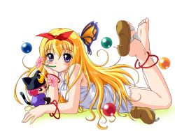 Rule 34 | 1girl, anklet, barefoot, blonde hair, blush, bracelet, bug, butterfly, dress, feet, fifth, flat chest, flower, hairband, highres, insect, jewelry, legs, legs up, lying, mana (fifth), mouth hold, nonohara miki, on stomach, purple eyes, sandals, shoes, single shoe, soles, solo, toes, wallpaper