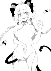 Rule 34 | 1girl, absurdres, ahoge, alternate costume, animal ears, ayang, bow, braid, breasts, cat ears, cat girl, cat tail, china dress, chinese clothes, commentary, dress, fangs, greyscale, hair bow, highres, kaenbyou rin, long hair, looking at viewer, medium breasts, monochrome, multiple tails, nekomata, open mouth, short sleeves, side braids, simple background, slit pupils, solo, tail, touhou, twin braids, two tails