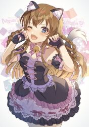 Rule 34 | 1girl, animal ears, bare shoulders, bell, black gloves, blue eyes, blush, breasts, brown hair, cat ears, cat tail, detached sleeves, dress, fingerless gloves, frilled dress, frills, gloves, highres, idolmaster, idolmaster million live!, idolmaster million live! theater days, kousaka umi, long hair, looking at viewer, medium breasts, neck bell, one eye closed, open mouth, ribbon trim, shimada (smd dms), sleeveless, smile, solo, tail