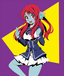 Rule 34 | 10s, 1girl, ahoge, bandages, blue skin, bow, clenched hand, colored skin, cowboy shot, frolaytia, hair bow, hair ornament, long hair, minamoto sakura, open mouth, pleated skirt, polka dot, red eyes, red hair, scar on face, scar on forehead, school uniform, skirt, solo, standing, v, zombie, zombie land saga