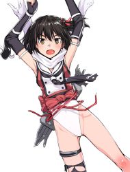 Rule 34 | 1girl, armpits, arms up, black gloves, black hair, black thighhighs, breasts, bright pupils, brown eyes, elbow gloves, fang, fingerless gloves, gloves, gluteal fold, h kasei, hair ornament, kantai collection, leotard, looking at viewer, open mouth, sailor collar, sendai (kancolle), sendai kai ni (kancolle), simple background, single thighhigh, small breasts, solo, thigh strap, thighhighs, two side up, white background