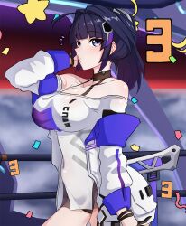 Rule 34 | 1girl, absurdres, ahoge, bare shoulders, black choker, blunt bangs, breasts, chinese commentary, choker, commentary request, eyebrows hidden by hair, hair ornament, halterneck, highres, honkai (series), honkai impact 3rd, large breasts, long sleeves, purple eyes, purple hair, raiden mei, raiden mei (striker fulminata), wenzheng147