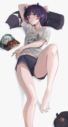 Rule 34 | 1girl, bag, barefoot, black shorts, blue eyes, casual, chips (food), collarbone, food, foot out of frame, full body, gawr gura, gundam, gundam suisei no majo, highres, hololive, hololive english, knee up, legs, looking at viewer, lying, miorine rembran, mori calliope, navel, ninomae ina&#039;nis, ninomae ina&#039;nis (loungewear), official alternate costume, official alternate hair length, official alternate hairstyle, on back, pillow, pixie cut, pointy ears, purple hair, shirt, short hair, short shorts, shorts, simple background, smile, solo, spread toes, t-shirt, takodachi (ninomae ina&#039;nis), tallgeese (lgeesel), tentacle hair, toenails, toes, virtual youtuber, watson amelia, white background, white shirt