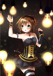 Rule 34 | 1girl, arm belt, asymmetrical gloves, black background, black gloves, black hairband, black skirt, blurry, blurry foreground, bracelet, breasts, brown hair, choker, cleavage, collarbone, corset, cowboy shot, fingerless gloves, gloves, green eyes, hair between eyes, hairband, idolmaster, idolmaster cinderella girls, jewelry, medium breasts, miniskirt, nail polish, open mouth, pleated skirt, red nails, rocomani, short hair, single glove, skirt, sleeveless, solo, standing, strapless, striped clothes, striped thighhighs, tada riina, thighhighs, uneven gloves
