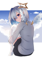 Rule 34 | 1girl, absurdres, amane kanata, angel wings, black skirt, closed mouth, cloud, from behind, full body, grey shirt, hair between eyes, halo, highres, hololive, knees up, letterboxed, long sleeves, looking at viewer, looking back, medium hair, multicolored hair, outside border, pillow (blackpirou), pleated skirt, purple eyes, shirt, sidelocks, silver hair, sitting, skirt, sky, smile, solo, star halo, streaked hair, thighhighs, thighs, virtual youtuber, white thighhighs, wings