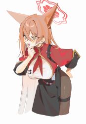 Rule 34 | 1girl, absurdres, animal ears, black pantyhose, blue archive, brown hair, fox ears, halo, hamita (rikopin ika), highres, looking at viewer, pantyhose, rumi (blue archive), simple background, solo, white background, yellow eyes