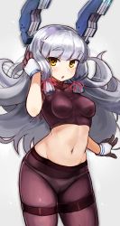Rule 34 | 10s, 1girl, :o, absurdres, alternate eye color, black gloves, black pantyhose, blunt bangs, bodysuit, breasts, eyebrows, gloves, groin, hair ribbon, headgear, highres, kantai collection, long hair, looking at viewer, midriff, multicolored clothes, multicolored gloves, murakumo (kancolle), murakumo kai ni (kancolle), navel, no dress, okitsugu, panties, panties under pantyhose, pantyhose, ribbon, short eyebrows, sidelocks, silver hair, small breasts, solo, thighband pantyhose, tress ribbon, underwear, white gloves, wind, yellow eyes