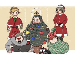 Rule 34 | 2girls, 3boys, barking, beard, blank eyes, blush, chilchuck tims, christmas, christmas tree costume, christmas tree hair ornament, dungeon meshi, dwarf, elf, facial hair, falin touden, falin touden (tallman), gift wrapping, hair ornament, highres, janbanclear, laios touden, long beard, marcille donato, multiple boys, multiple girls, mustache, pantyhose, plant, pointy ears, potted plant, red nose, santa costume, senshi (dungeon meshi), sweatdrop, thick mustache, very long beard
