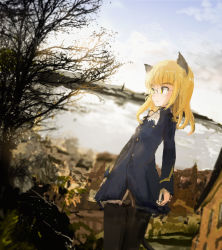 Rule 34 | 1girl, animal ears, ascot, bare tree, blonde hair, cat ears, cat tail, cloud, day, dutch angle, from side, glasses, highres, house, kabuyama kaigi, lake, long hair, military, military uniform, open mouth, outdoors, panties, panties under pantyhose, pantyhose, perrine h. clostermann, sketch, sky, solo, strike witches, tail, tree, underwear, uniform, world witches series, yellow eyes
