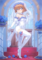 Rule 34 | 1girl, absurdres, backless dress, backless outfit, bare shoulders, blue eyes, bob cut, breasts, bridal gauntlets, bridal veil, brown hair, carpet, choker, covered navel, dress, elbow gloves, flower, gloves, haibara ai, hand up, head wreath, high heels, highres, indoors, knee up, leg up, looking at viewer, looking to the side, meitantei conan, mogudan, open mouth, petals, red carpet, ribbon, short hair, small breasts, smile, solo, standing, standing on one leg, strapless, strapless dress, swept bangs, thighhighs, tight clothes, tight dress, veil, wedding dress, white choker, white dress, white footwear, white gloves, white heels, white ribbon, white thighhighs, window
