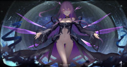 Rule 34 | 1girl, bare shoulders, breasts, choker, cleavage, commentary request, crotch plate, dress, gluteal fold, highres, long hair, looking at viewer, medium breasts, open mouth, original, purple eyes, purple hair, revealing clothes, side ponytail, solo, strapless, strapless dress, walking, wangchuan de quanyan, wide sleeves