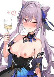 Rule 34 | 1girl, absurdres, alcohol, bare shoulders, beads, black dress, blush, breasts, breasts apart, champagne, clothes pull, clothing cutout, cone hair bun, cup, detached collar, detached sleeves, dress, drinking glass, drunk, genshin impact, hair bun, hair ribbon, hand up, heart, highres, holding, keqing (genshin impact), keqing (opulent splendor) (genshin impact), long hair, looking at viewer, medium breasts, nipples, nose blush, one eye closed, pink eyes, purple hair, ribbon, simple background, smile, solo, strapless, strapless dress, twintails, underboob cutout, upper body, wine glass, xkirara39x
