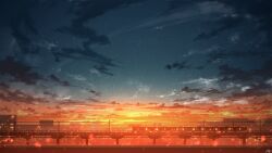 Rule 34 | chinese commentary, cityscape, cloud, commentary request, gradient sky, highres, light particles, no humans, original, outdoors, power lines, rune xiao, scenery, signature, sky, star (sky), starry sky, still life, sunset, train