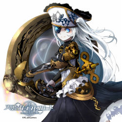 Rule 34 | 1girl, ari0w0, bad id, bad pixiv id, blue eyes, blue nails, chain, clockwork, company name, copyright name, eyepatch, gears, hat, key, mechanical arms, nail polish, official art, pale skin, simple background, single mechanical arm, smile, solo, sword, tenkuu no craft fleet, weapon, white hair, white hat, winding key