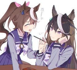 Rule 34 | 2girls, :d, ^ ^, animal ears, black hair, blue shirt, blue skirt, blush, bow, brown hair, closed eyes, closed mouth, commentary request, facing another, food, hair between eyes, highres, holding, holding food, horse ears, horse girl, horse tail, k11iii, long hair, long sleeves, looking at another, multicolored hair, multiple girls, open mouth, pleated skirt, pocky, ponytail, purple eyes, school uniform, shirt, simple background, skirt, smile, streaked hair, symboli rudolf (umamusume), tail, tokai teio (umamusume), tracen school uniform, two-tone hair, umamusume, very long hair, white background, white bow, white hair