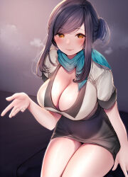 Rule 34 | 1girl, amane ruri, aqua neckerchief, black hair, black skirt, blush, breasts, brown eyes, cleavage, closed mouth, commentary request, highres, large breasts, lips, looking at viewer, neckerchief, original, shirt, short hair, short sleeves, sidelocks, sitting, skirt, smile, solo, steam, thighs, white shirt