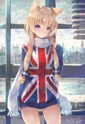Rule 34 | 1girl, alternate costume, animal ears, azur lane, backlighting, blonde hair, blush, building, cityscape, clothes tug, cloud, cloudy sky, day, deecha, dress, flag print, fringe trim, hair tubes, head tilt, highres, indoors, light frown, long hair, long sleeves, looking at viewer, low-tied long hair, playing with own hair, purple eyes, scarf, sidelocks, signature, sky, sleeves past wrists, solo, sunlight, sweater, sweater dress, sweater tug, thighs, union jack, warspite (azur lane), water, water drop, white scarf, window, window blinds, window shutter